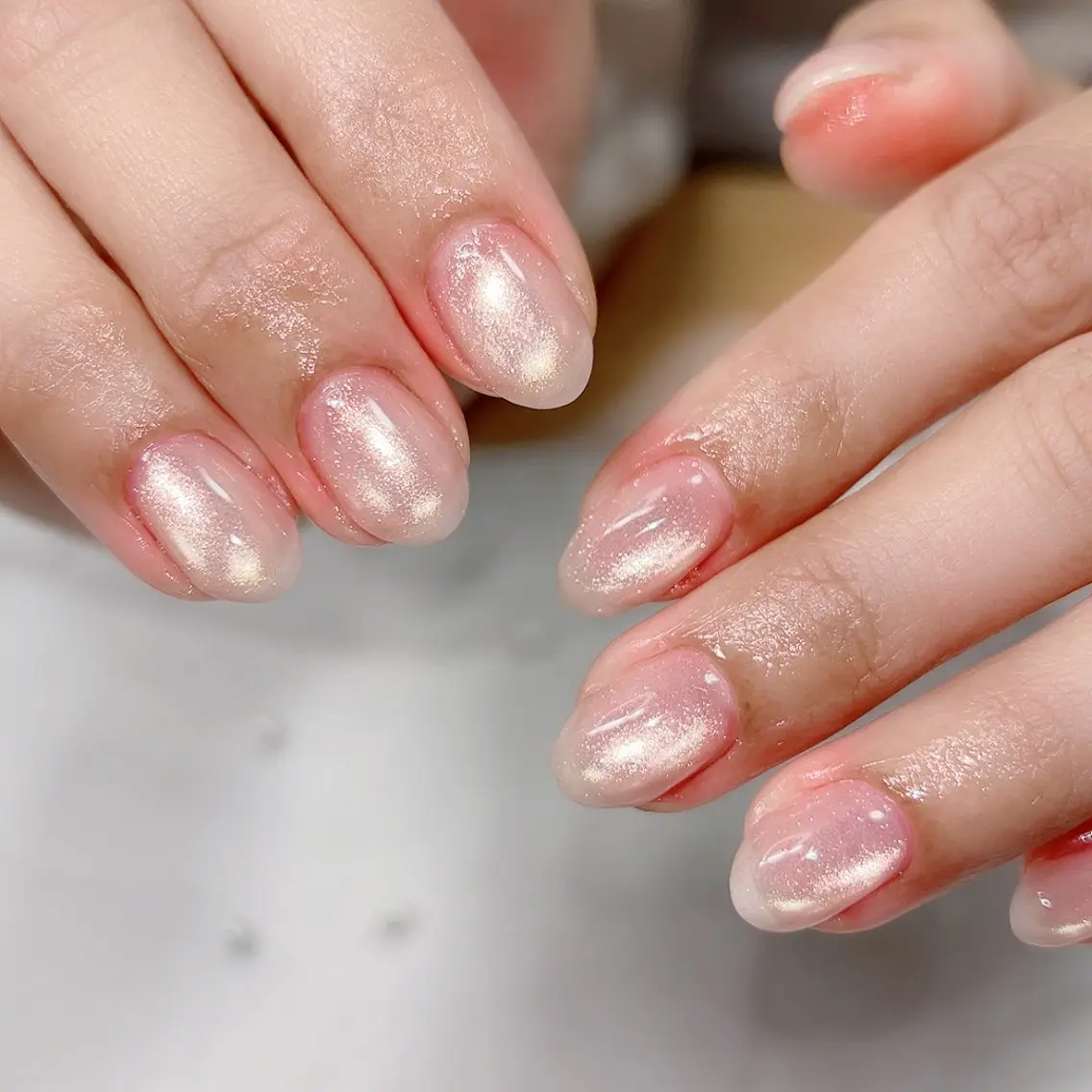 ネイル チークネイル フレンチネイル マグネットネイル ピンク リボン ハンドネイル Cute Tips nailのネイルデザイン