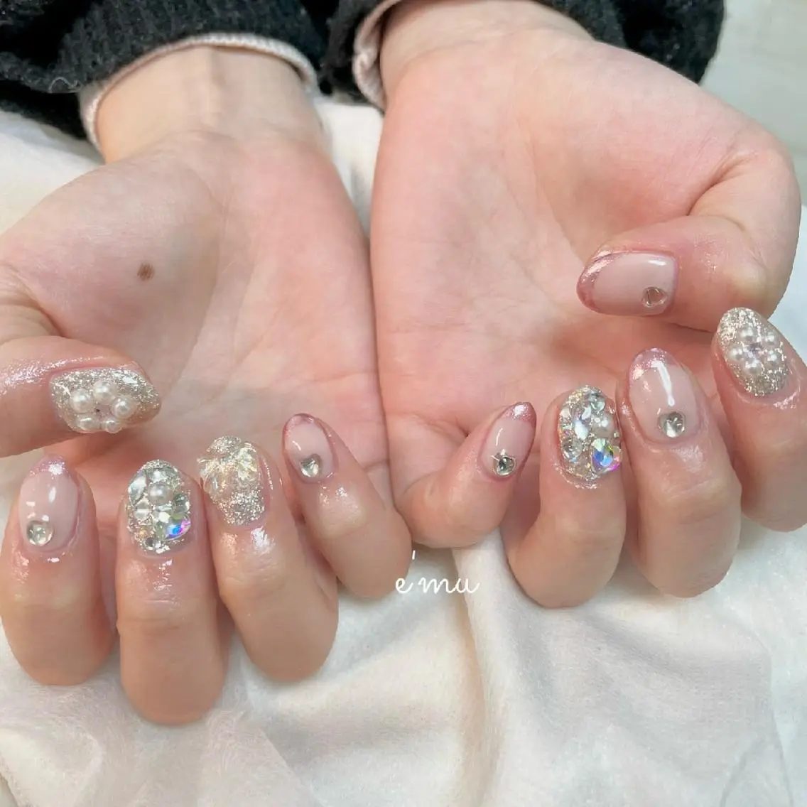 ネイル フレンチネイル キラキラネイル ミラーネイル ピンク nail salon e'mu💐のネイルデザイン