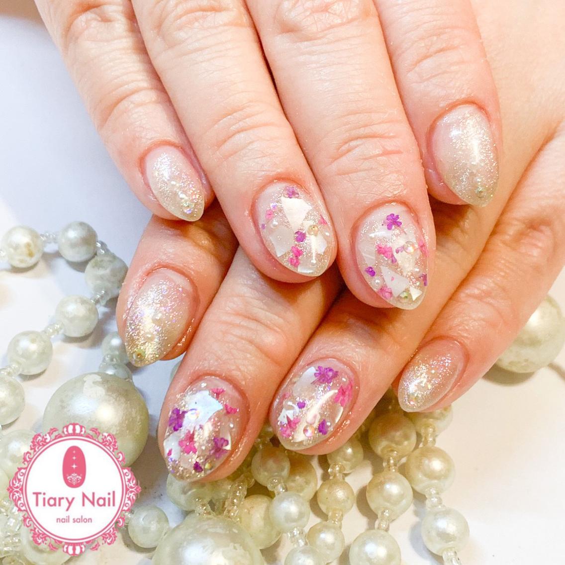 ネイル 桜ネイル クリアネイル フットネイル ジェルネイル キラキラネイル 💗🪽Tiary Nail🪽💗のネイルデザイン