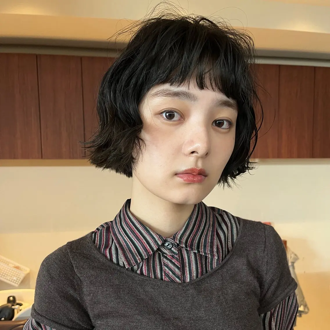 ショート カラー 黒髪 ボブ ボブパーマ/パーマ ウルフパーマのヘアスタイル