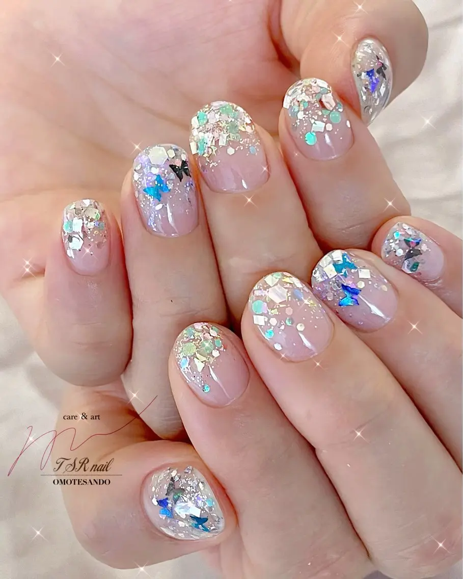 ネイル ブルー クリアネイル グラデーション ラメ(グリッター) ラメグラデーション 爪咲 りり花のネイルデザイン
