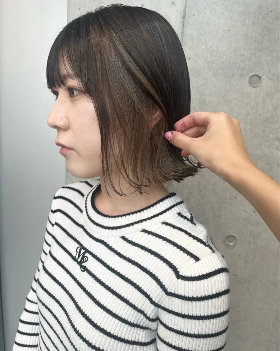 ミディアム カラー パーマ 透明感/オリーブ/ グレージュ/YUKAのヘアスタイル