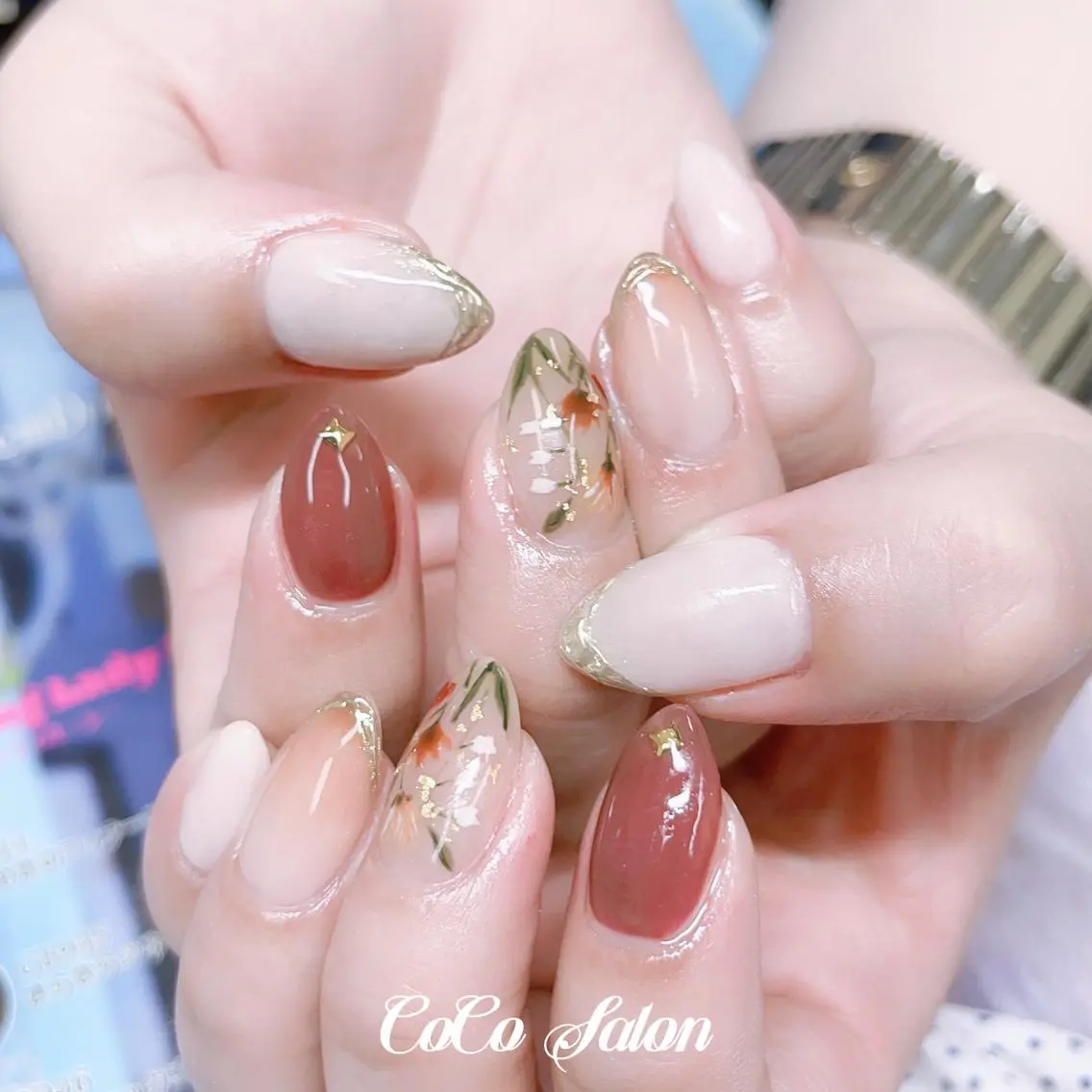 ネイル ボルドー 長さ出し フラワーネイル フレンチネイル ジェルネイル ハンドネイル CoCoSalon ネイル/まつ毛予約のネイルデザイン