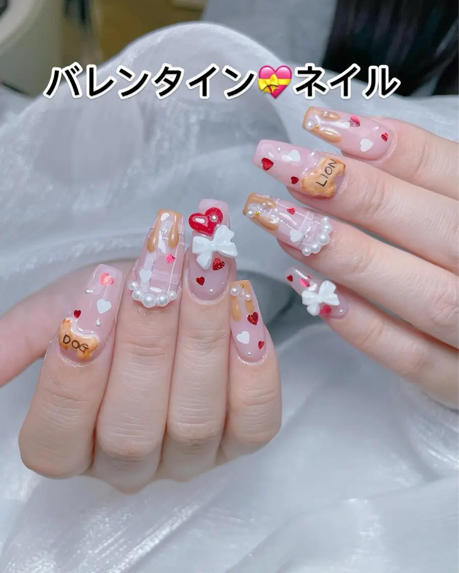 ネイル チークネイル ガーリー キラキラネイル 韓国ネイル リボン ハンドネイル princess スカルプ専門店のネイルデザイン