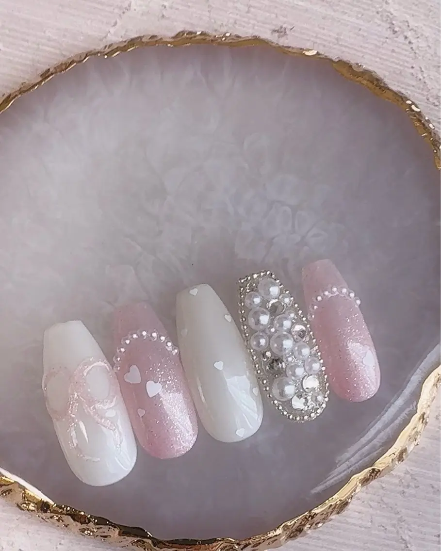 ネイル ガーリー 韓国ネイル ロングネイル リボン ネイルチップ ハンドネイル Monica nails/福島のネイルデザイン