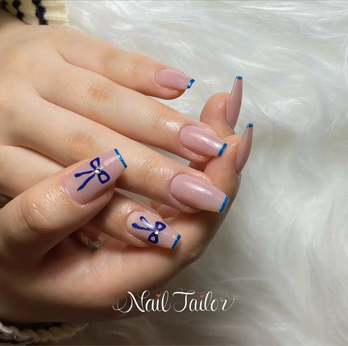 ネイル 長さ出し ジェルネイル ピンク ピンクベージュ リボン ハンドネイル NailTailor ネイルテイラーのネイルデザイン