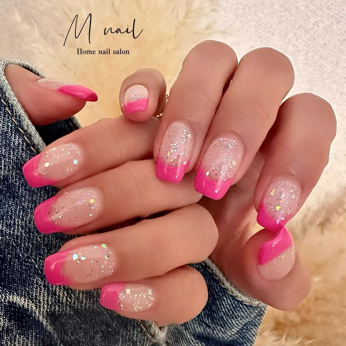 ネイル クリアネイル フレンチネイル ラメ(グリッター) ピンク 夏ネイル Home salon M nailのネイルデザイン
