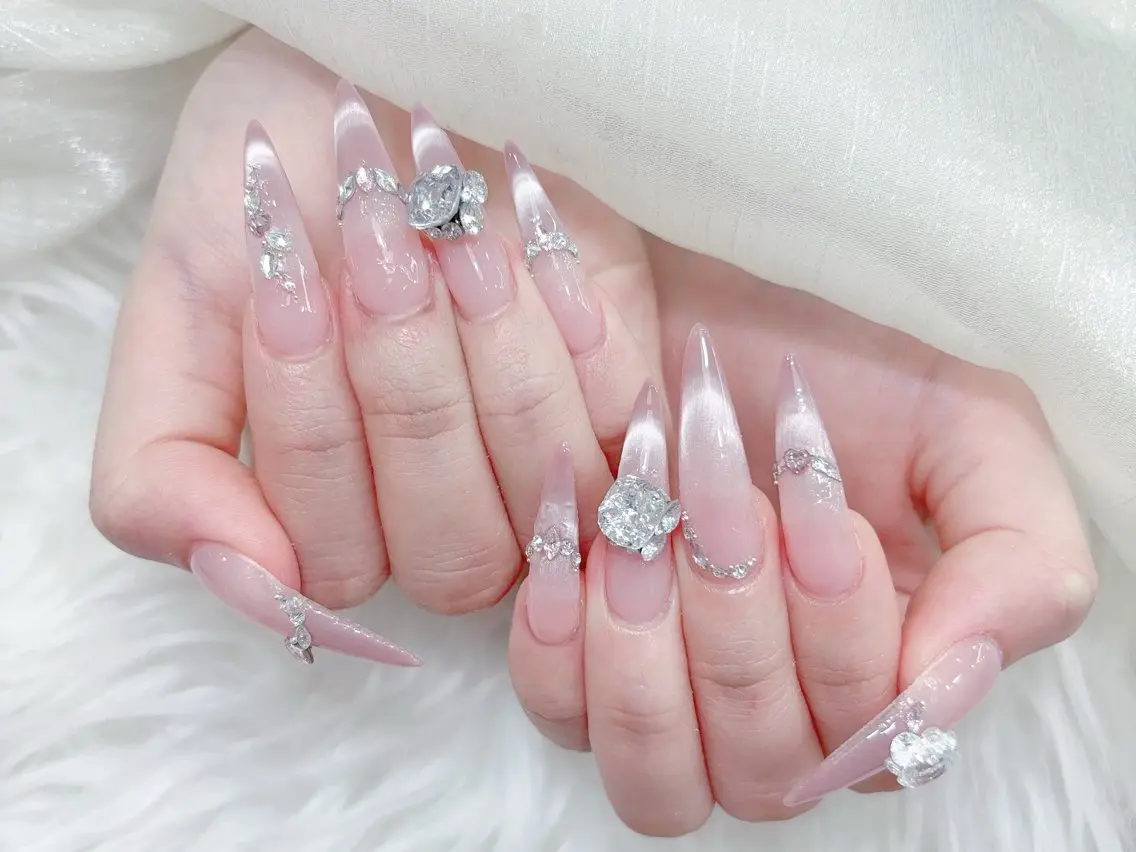 ネイル 成人式 大理石ネイル(マーブル) リボン 夏ネイル ネイルチップ ハンドネイル MoMoA Nail ネイル長さ出し専門店のネイルデザイン