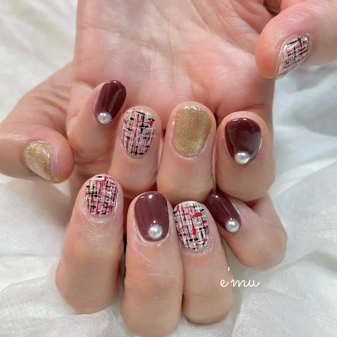 ネイル ボルドー ツイードネイル 冬ネイル ハンドネイル nail salon e'mu💐のネイルデザイン