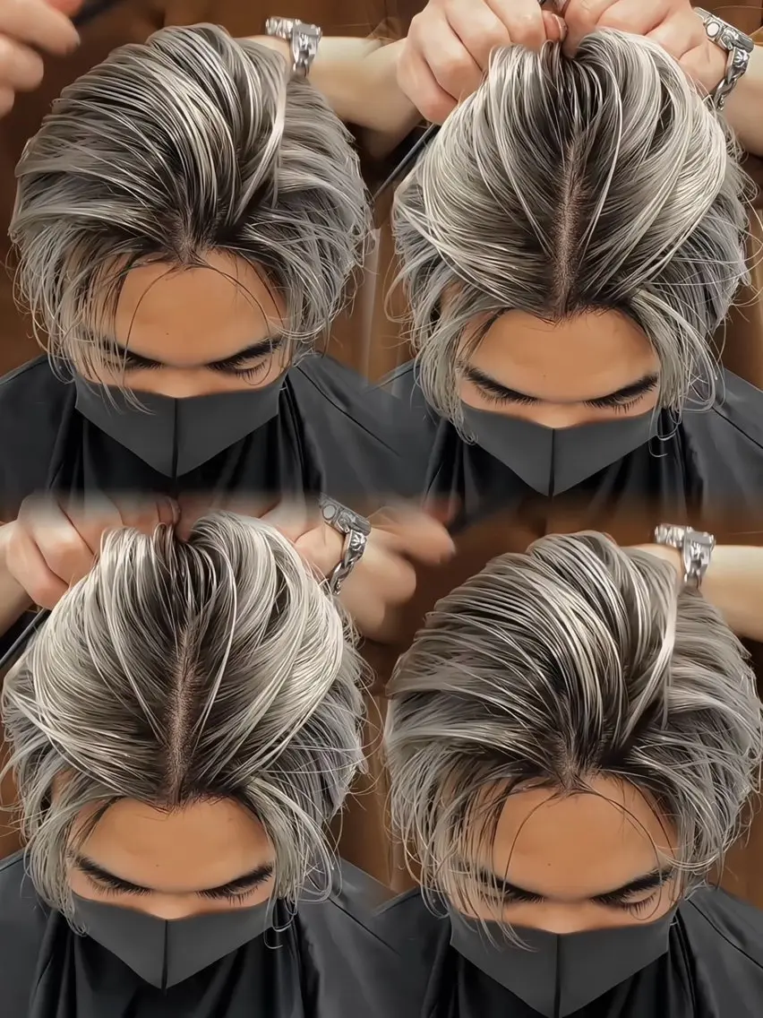 ショート カラー メンズ メンズバレイヤージュ バレイヤージュ シルバー ホワイトシルバー レイヤーカット ヘアカラー 表参道/ハイライト バレイヤージュのヘアスタイル