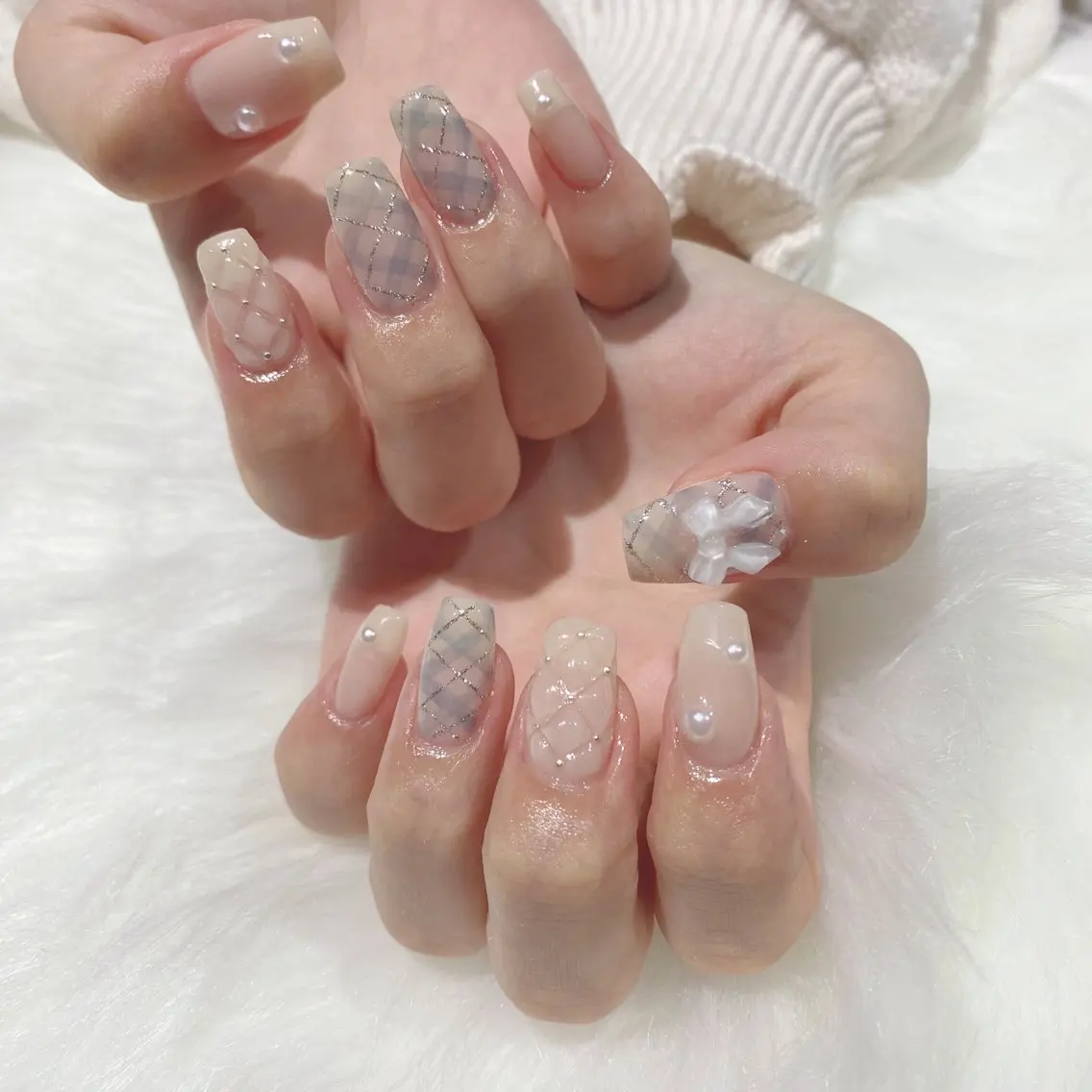 ネイル アートネイル ガーリー リボン ぷりゅねる 心斎橋のネイルデザイン