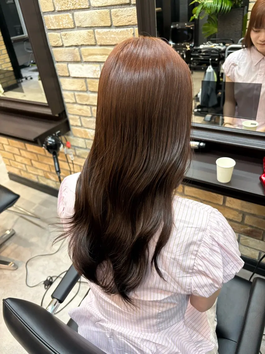 ロング カラー ブリーチ ブラウンカラー ダブルカラー ブリーチなしカラー オレンジ ヘアカラー トリートメント ハッシュカット 暖色カラー/伊藤菜月のヘアスタイル