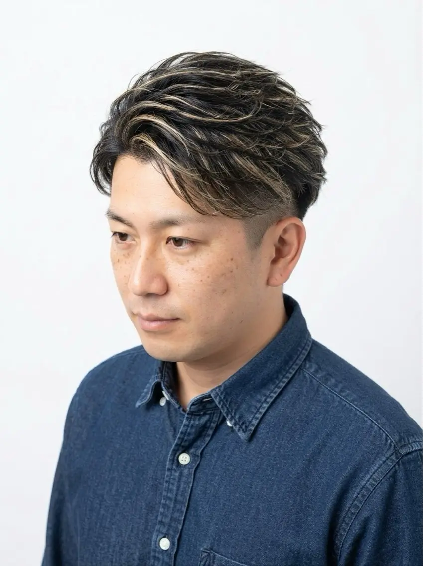 カラー メンズ アップバング メンズハイライト デザインカラー ハイライトカラー カット ヘアカラー 心斎橋メンズサロン リベルテグリットのヘアスタイル