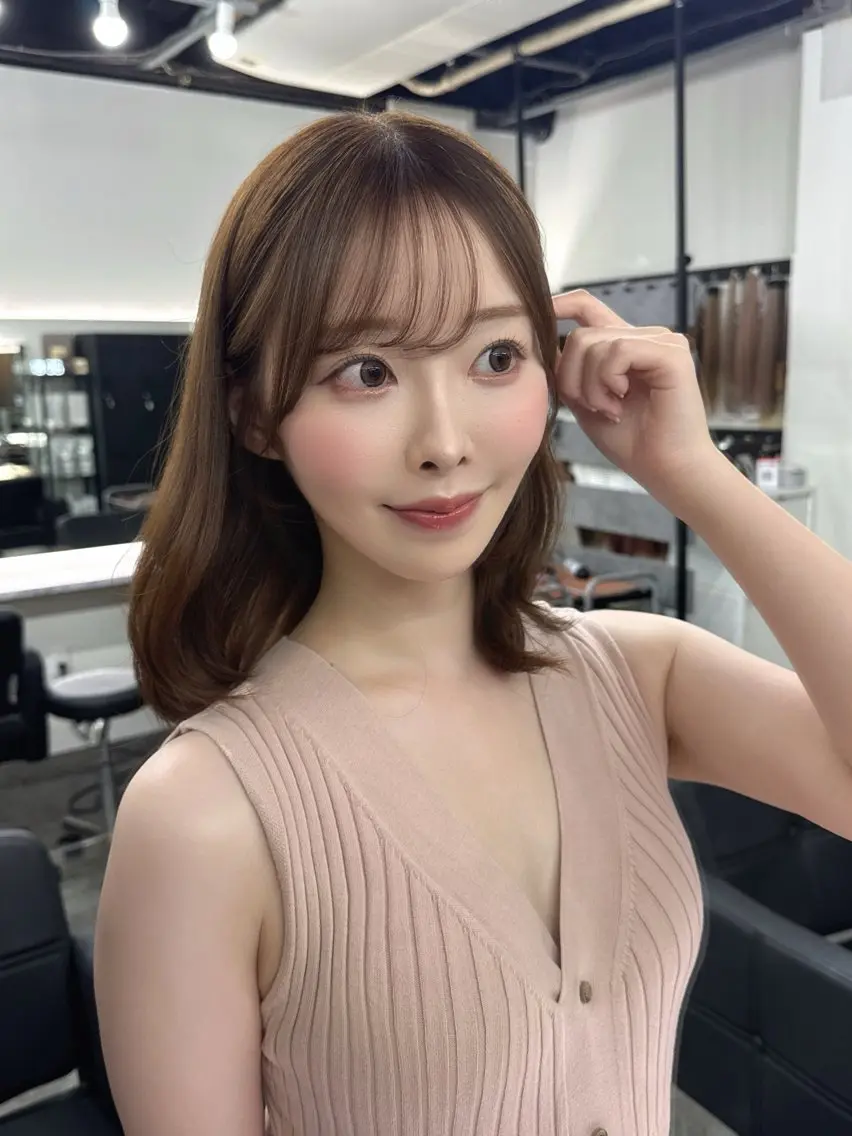 ミディアム カラー ベージュカラー 透明感カラー シースルーバング 小顔カット 外ハネヘア インフルエンサー多数 担当YO-SUKEのヘアスタイル