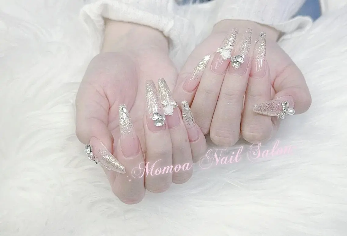 ネイル 成人式 大理石ネイル(マーブル) リボン 夏ネイル ネイルチップ ハンドネイル MoMoA Nail ネイル長さ出し専門店のネイルデザイン