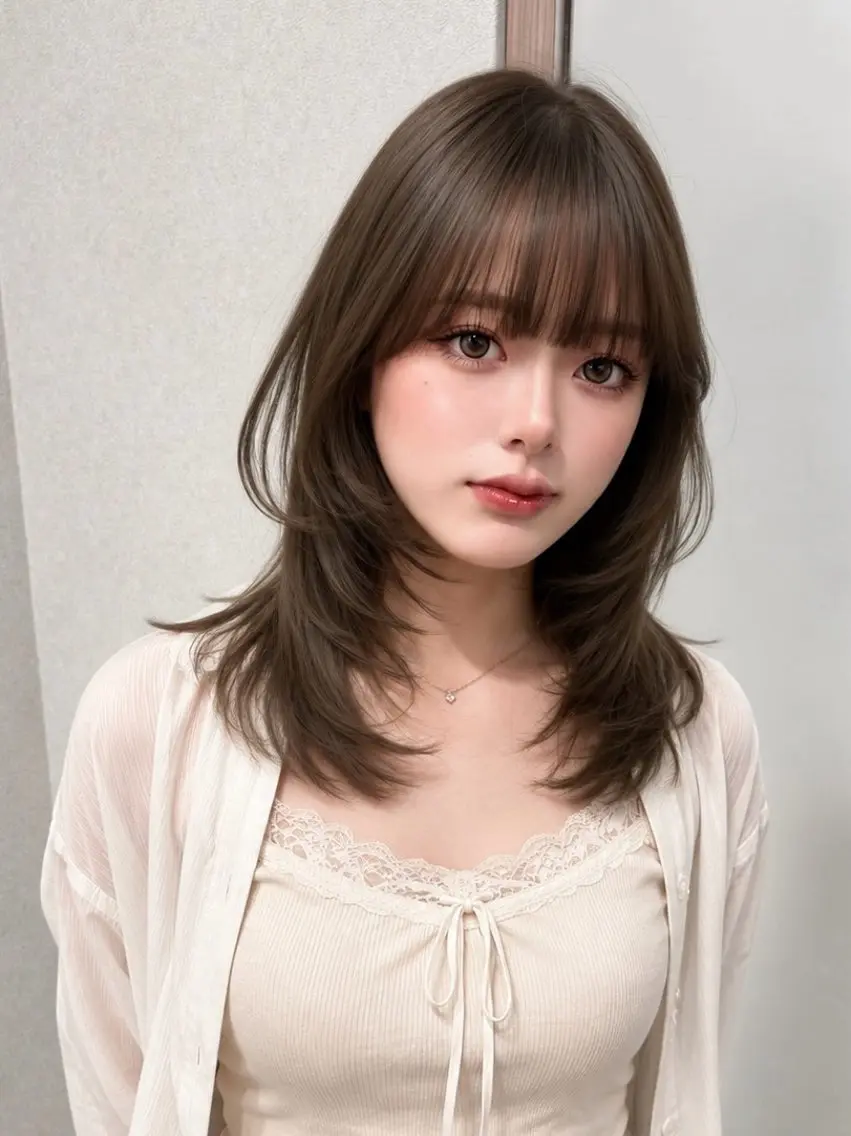 ミディアム カラー 切りっぱなしボブ ベージュカラー ブリーチ ブラウンカラー チョコレートブラウン カット ヘアカラー トリートメント 友田 那都のヘアスタイル