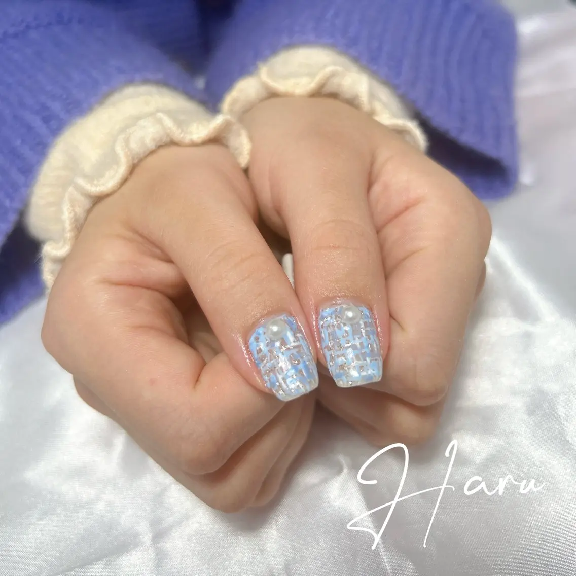 ネイル ブルー ツイードネイル ハンドネイル Haru .mのネイルデザイン