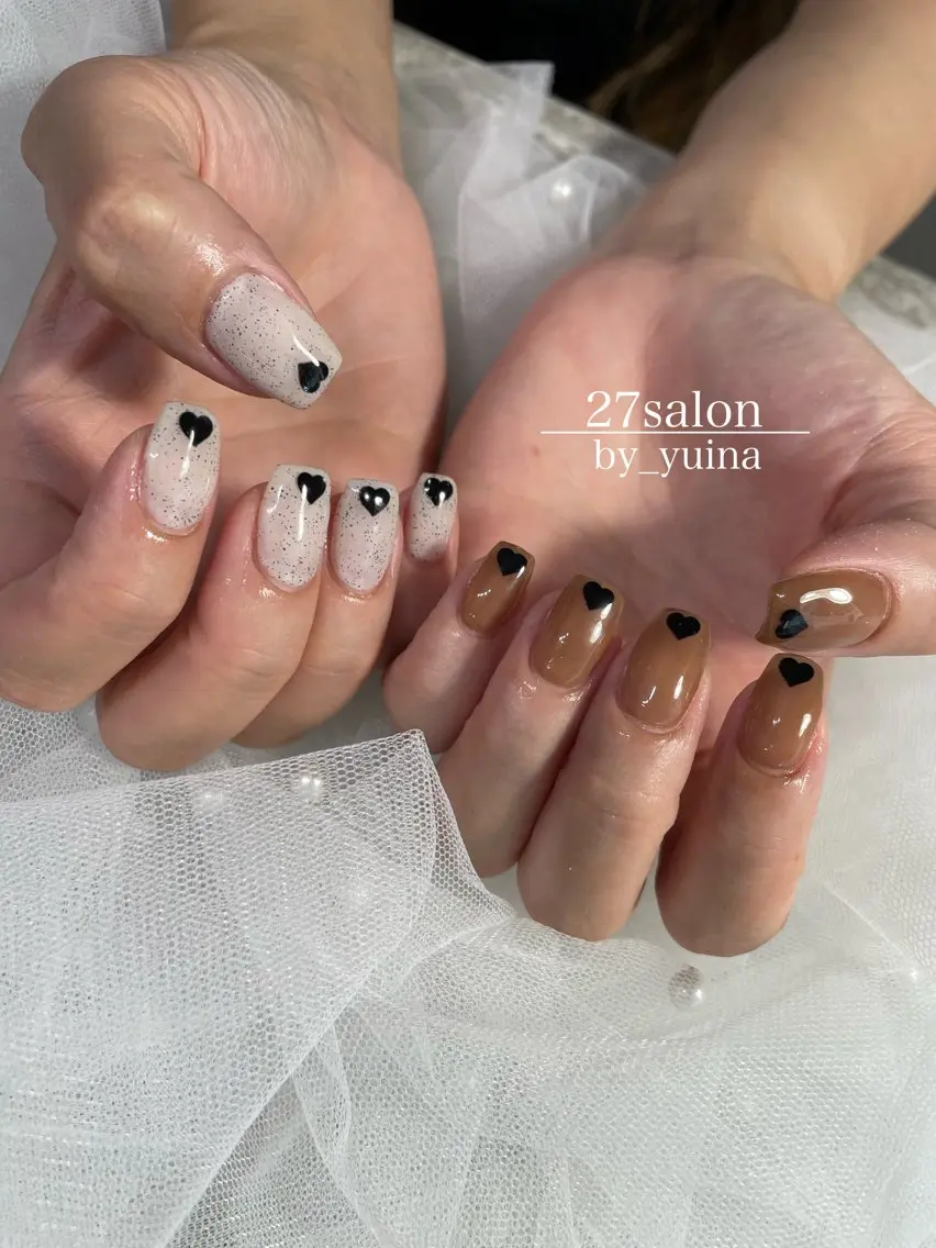 ネイル ブラウン ハート ハンドネイル 27salon yuinaのネイルデザイン