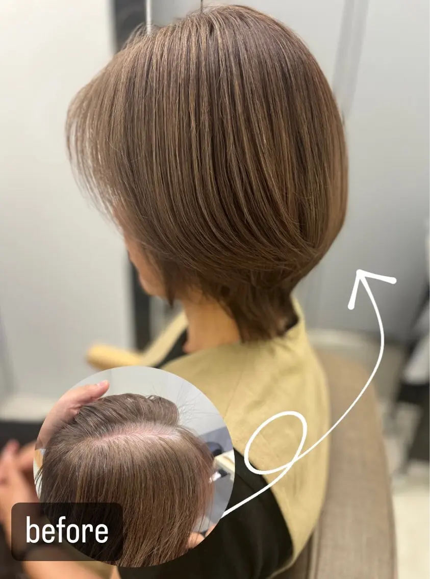 白髪ぼかし似合わせセクションカラー(部分ブリーチ)+全体カラー+カット+TOKIOトリートメントの写真