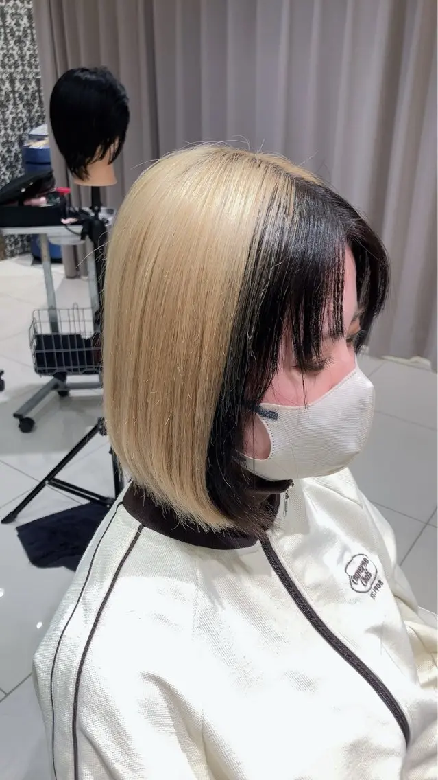ショート カラー ミストバング ベージュカラー 黒髪 ブリーチ ケアブリーチ SEA BELLE YASUのヘアスタイル