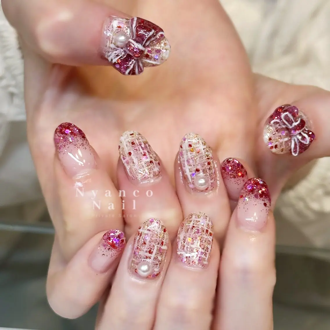 ネイル ジェルネイル キラキラネイル リボン 春ネイル ツイードネイル Nyanco Nailのネイルデザイン