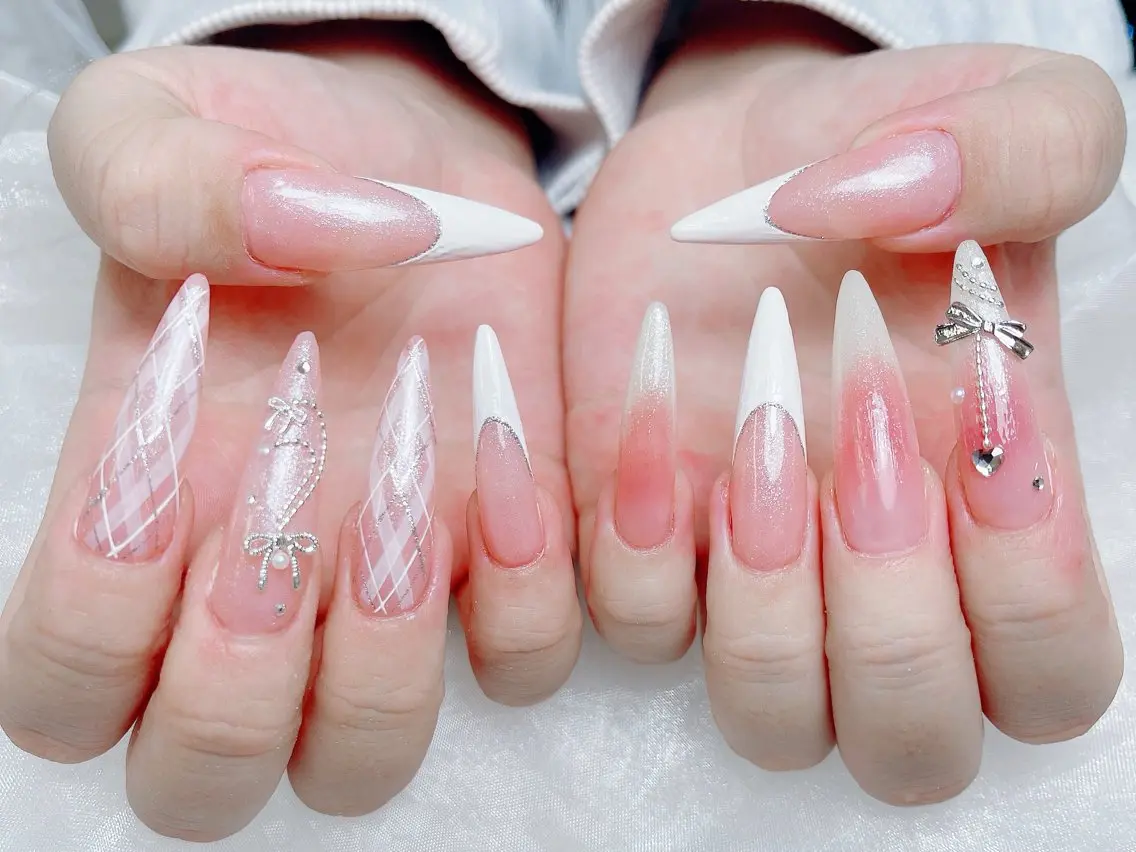 ネイル 成人式 大理石ネイル(マーブル) リボン 夏ネイル ネイルチップ ハンドネイル Mei Salon 長さ出し専門店のネイルデザイン