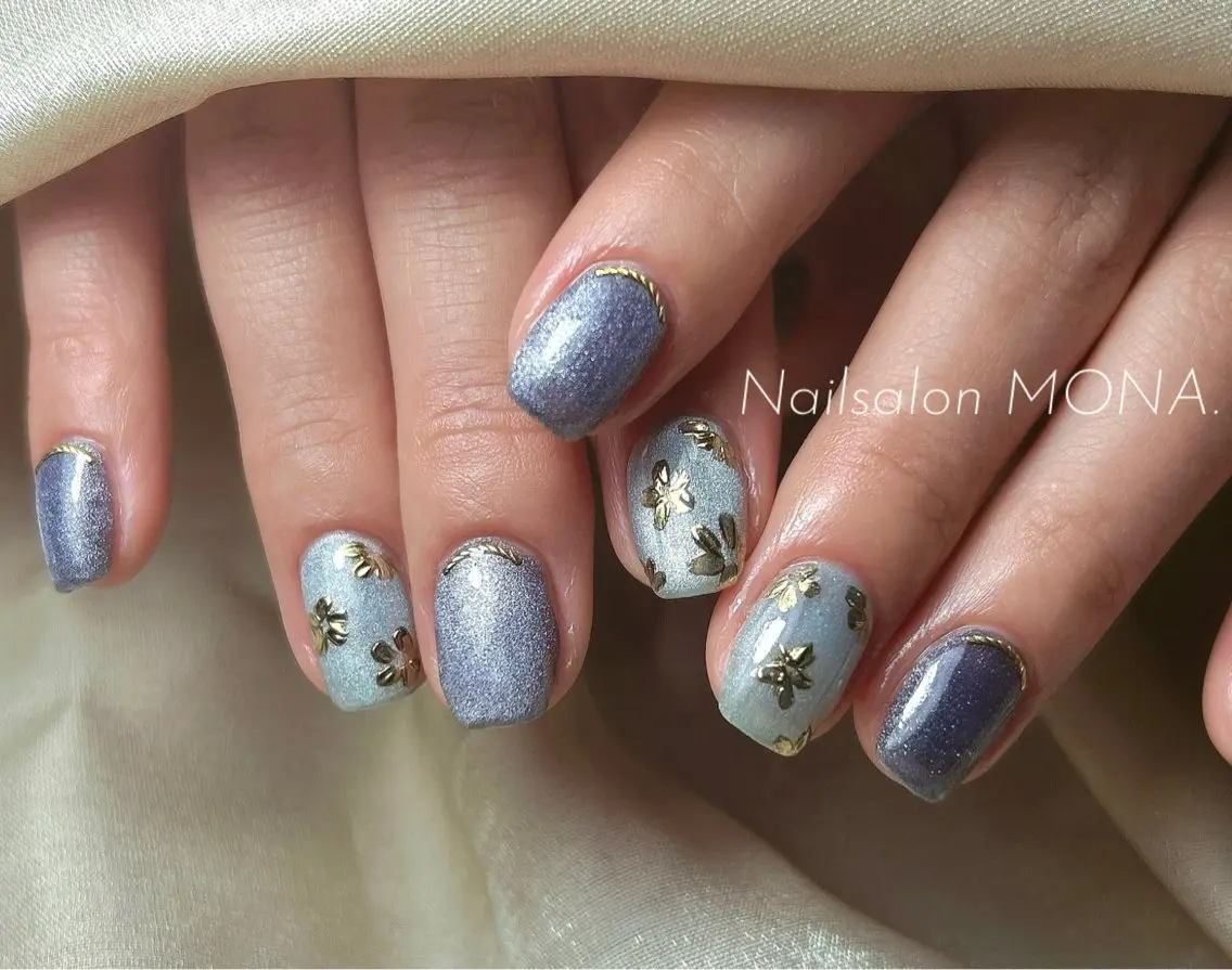 ネイル フラワーネイル ゴールド マグネットネイル ハンドネイル Nailsalon MONA.のネイルデザイン