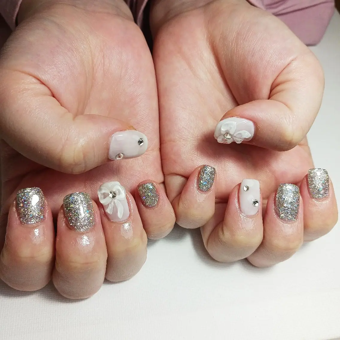 ネイル ジェルネイル ラメ(グリッター) 持ち込み リボン ショートネイル ハンドネイル owlnail /持込みデザイン専門のネイルデザイン