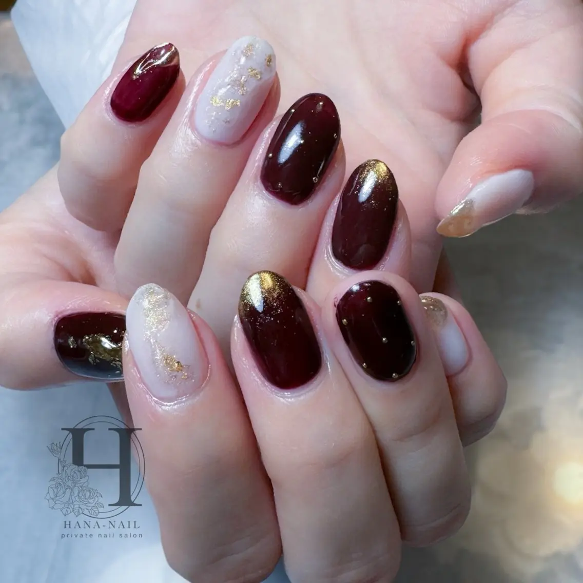 ネイル アートネイル ボルドー ミラーネイル Kao hana-nailのネイルデザイン