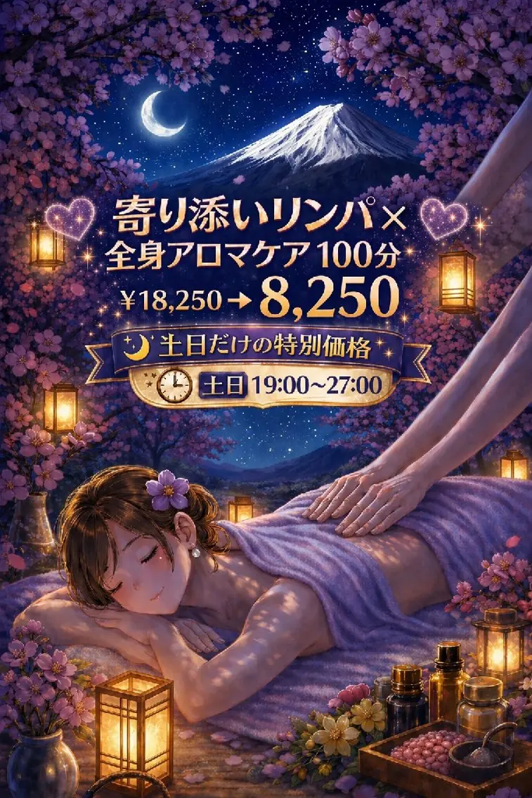 【🌃土日祝日㊗️夜19~深夜27限定🌃】💖寄り添いリンパ×全身アロマケア💖100分¥18,250→¥8,250の写真