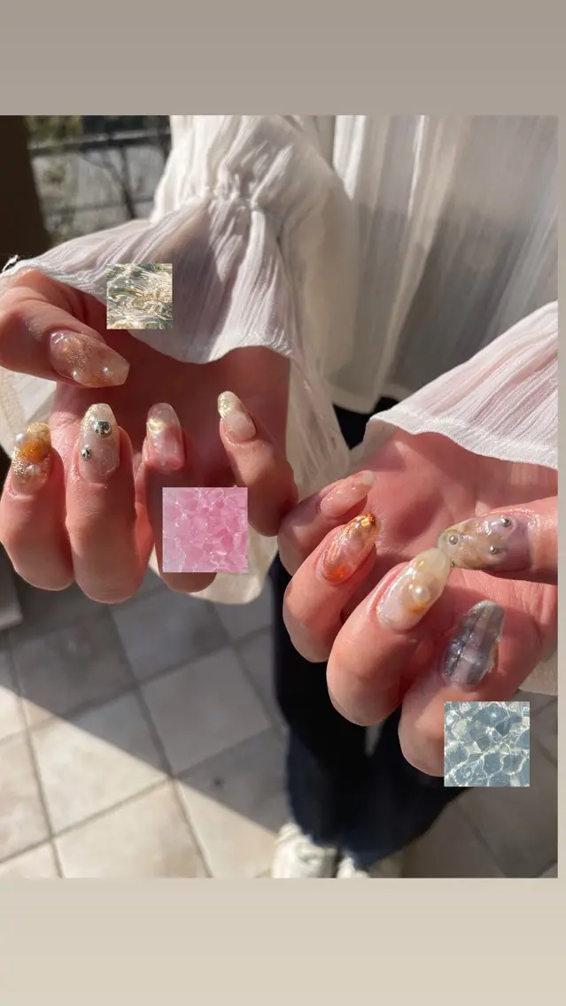 ネイル 氷ネイル・うるうるネイル 春ネイル ハンドネイル 甲斐市自宅サロン 🧸prunelleのネイルデザイン