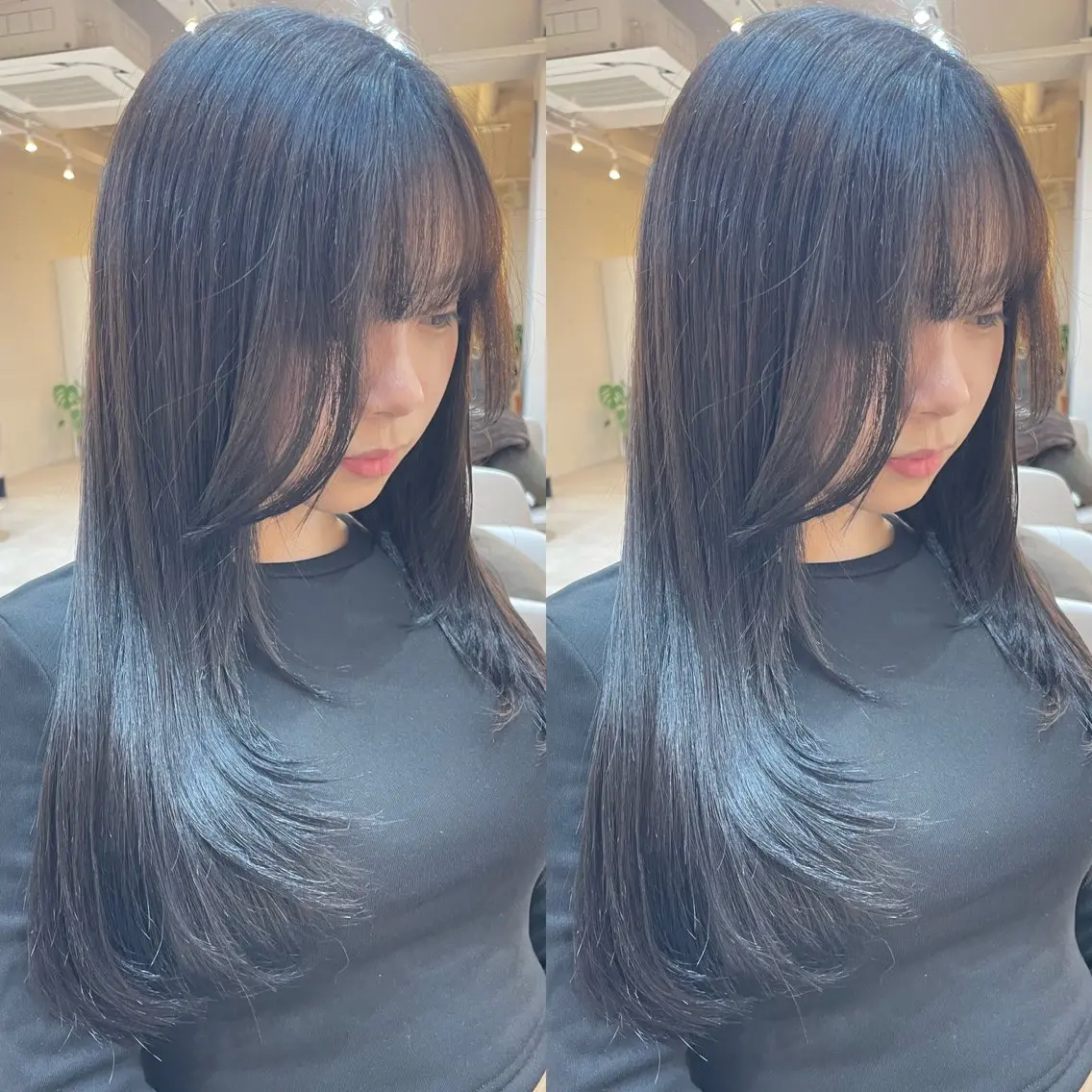 ロング 顔周りカット レイヤーカット ローレイヤー カット トリートメント ヘアセット ブリーチ無しダブル カラー🦕まどかのヘアスタイル