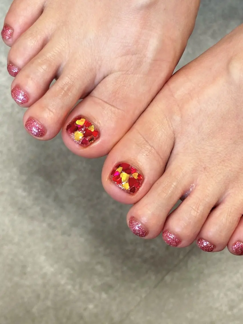 ネイル アートネイル フラッシュネイル ジェルネイル ハート キラキラネイル フットネイル tamu nail 金町のネイルデザイン