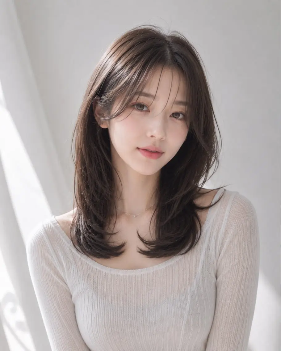 ミディアム くびれヘア ハッシュカット 韓国風ヘア レイヤーカット シースルーバング カット ヘアカラー トリートメント 新宿/韓国レイヤー/ 顔まわり透明感カラーのヘアスタイル