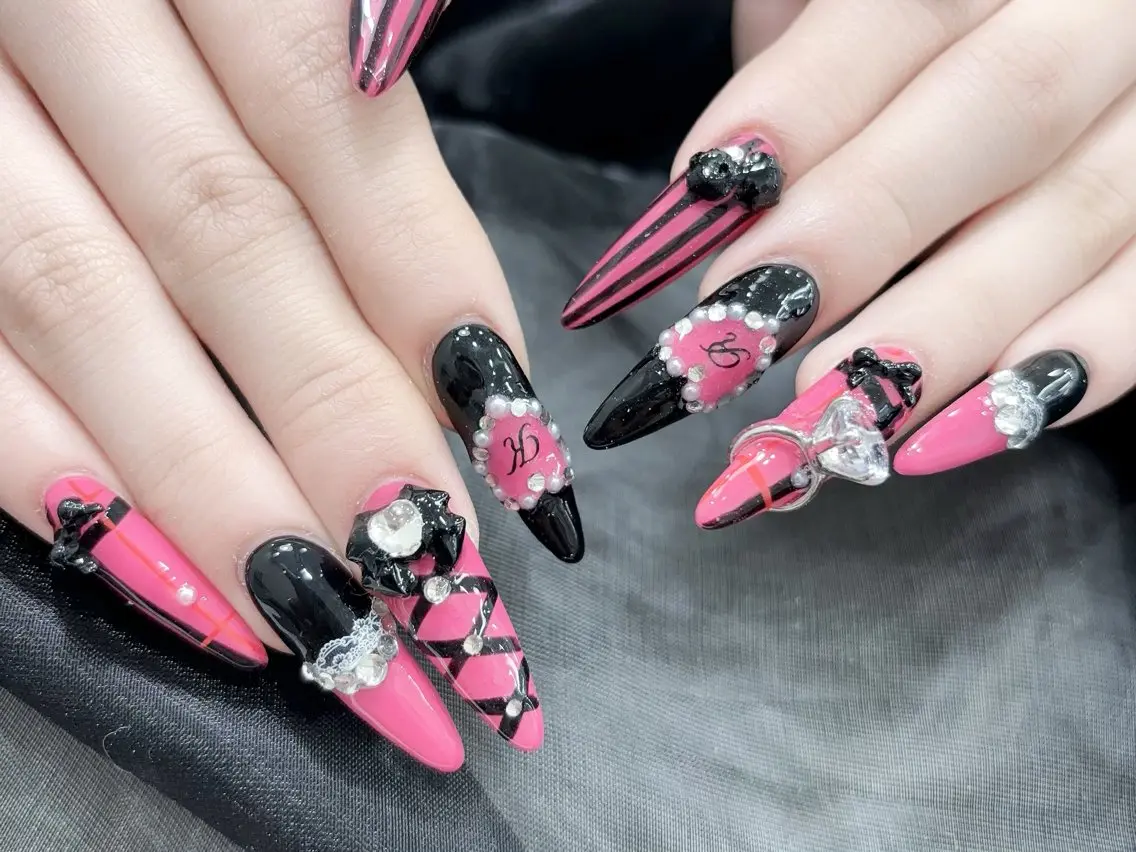ネイル 成人式 大理石ネイル(マーブル) リボン 夏ネイル ネイルチップ ハンドネイル MoMoA Nail ネイル長さ出し専門店のネイルデザイン