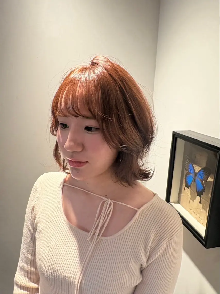 ミディアム カラー ブリーチ ブリーチなしカラー ボブ 顔周りカット Shiena/ モテ愛されのヘアスタイル
