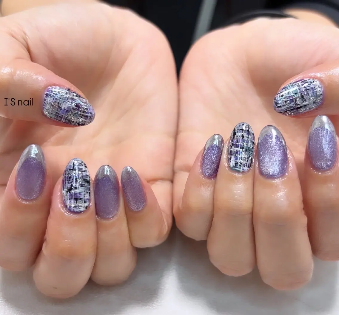 ネイル ブルー ツイードネイル I'S nail 佐野のネイルデザイン
