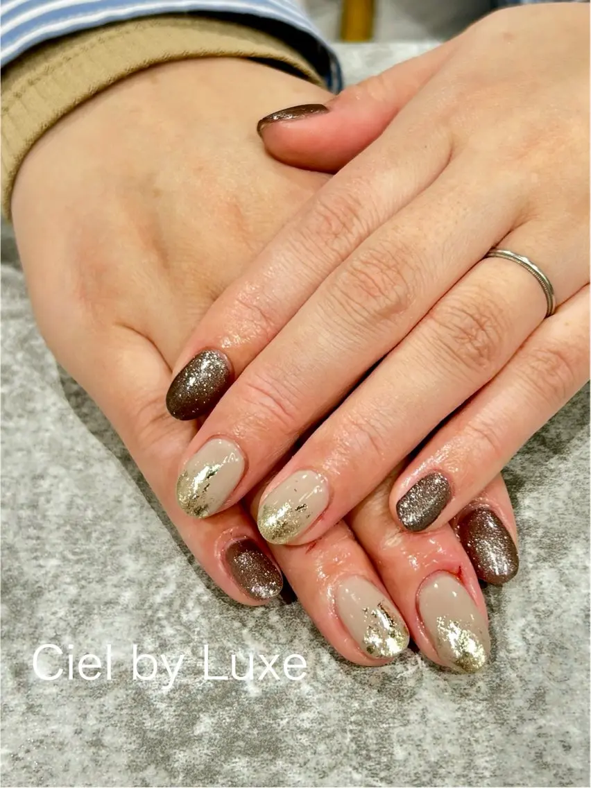 ネイル ブラウン ラメ(グリッター) バレンタイン CielbyLuxe manamiのネイルデザイン