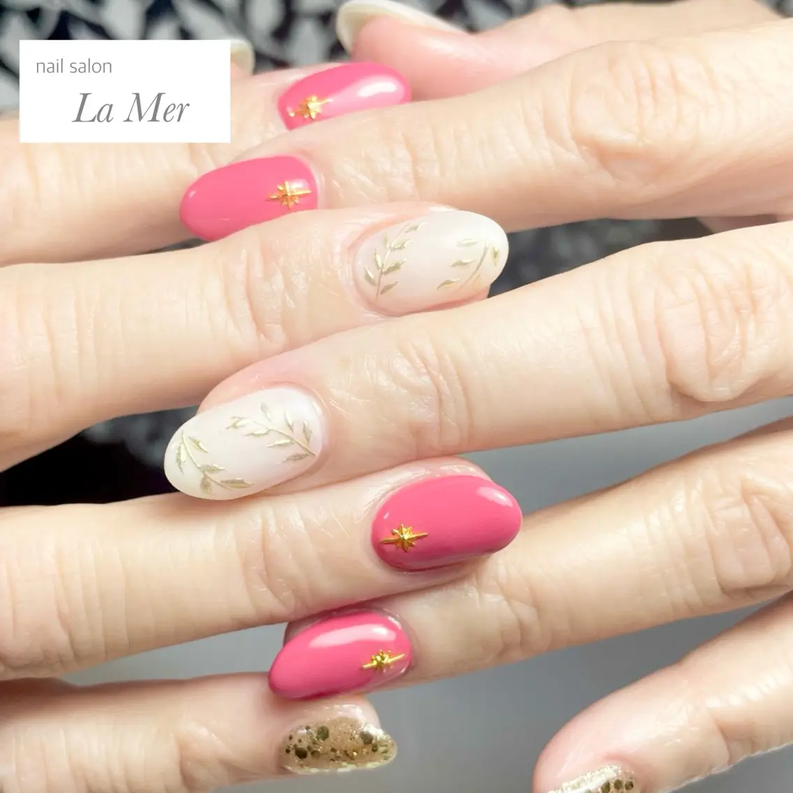 ネイル ゴールド ミラーネイル ピンク 春ネイル ハンドネイル nailsalon La Merのネイルデザイン