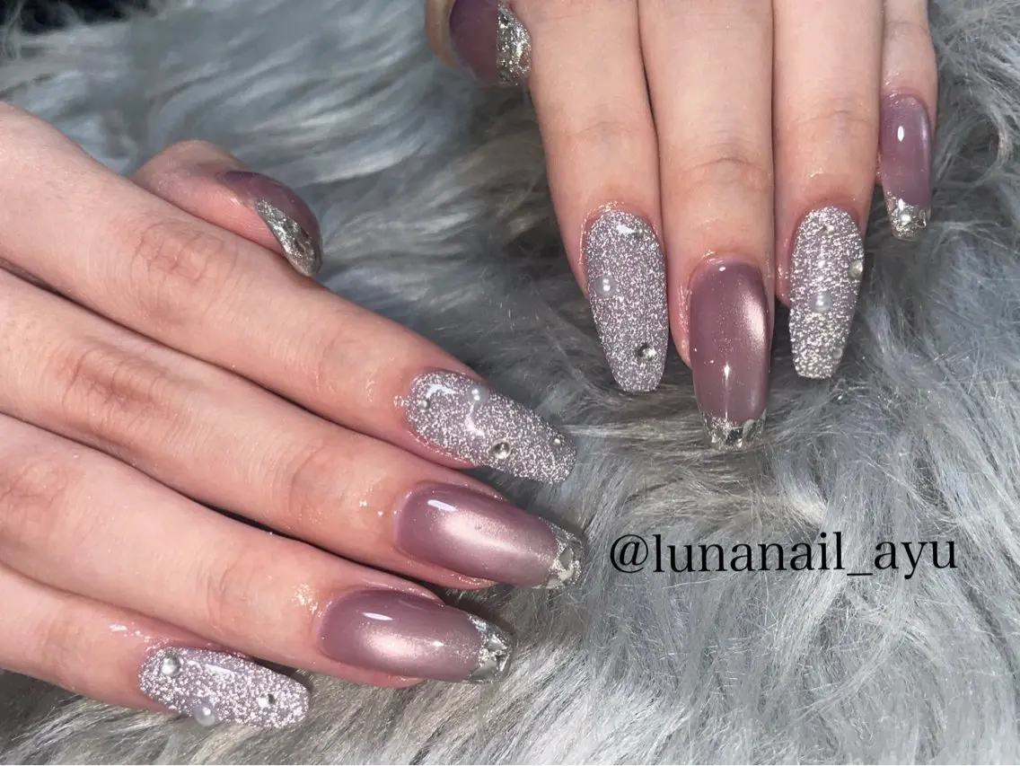 ネイル フラッシュネイル フレンチネイル ガラスフレンチ マグネットネイル パープル ハンドネイル LUNA NAIL ayuのネイルデザイン