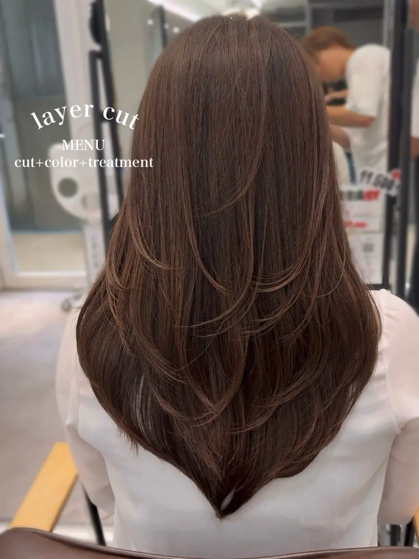 セミロング カラー ベージュカラー ハイレイヤー レイヤーカット カット トリートメント ヘアセット 骨格別小顔カット/ 顔周りカット/金井のヘアスタイル