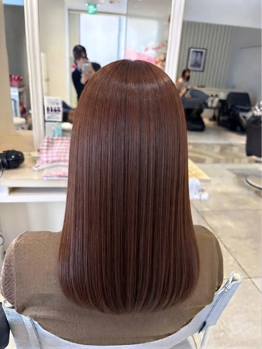 セミロング カラー ブラウンカラー オレンジ オレンジブラウン ヘアカラー 🌸韓国ヘア・ 艶カラー🎀安井🌸のヘアスタイル