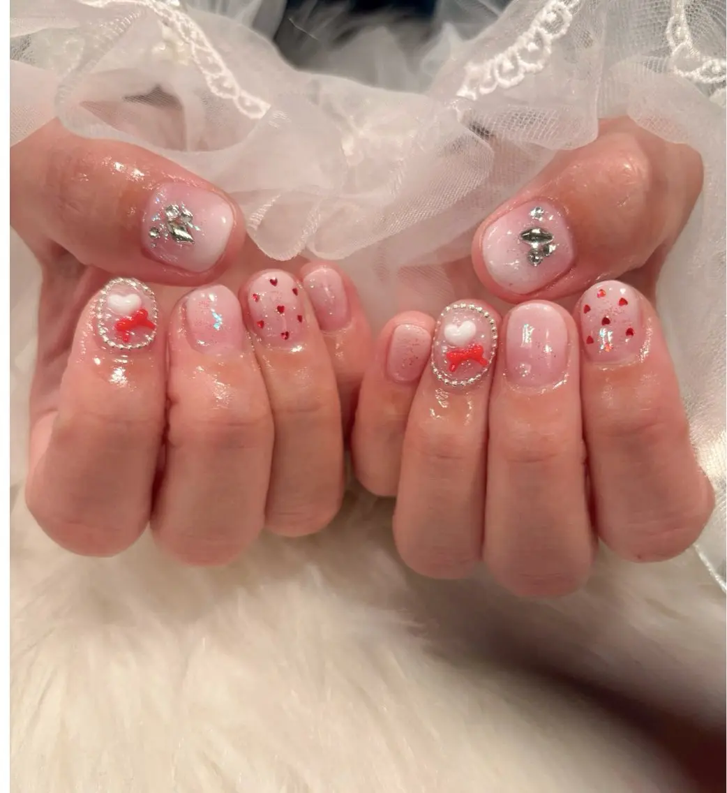 ネイル ハート 持ち込み リボン ハンドネイル untitled Meeのネイルデザイン
