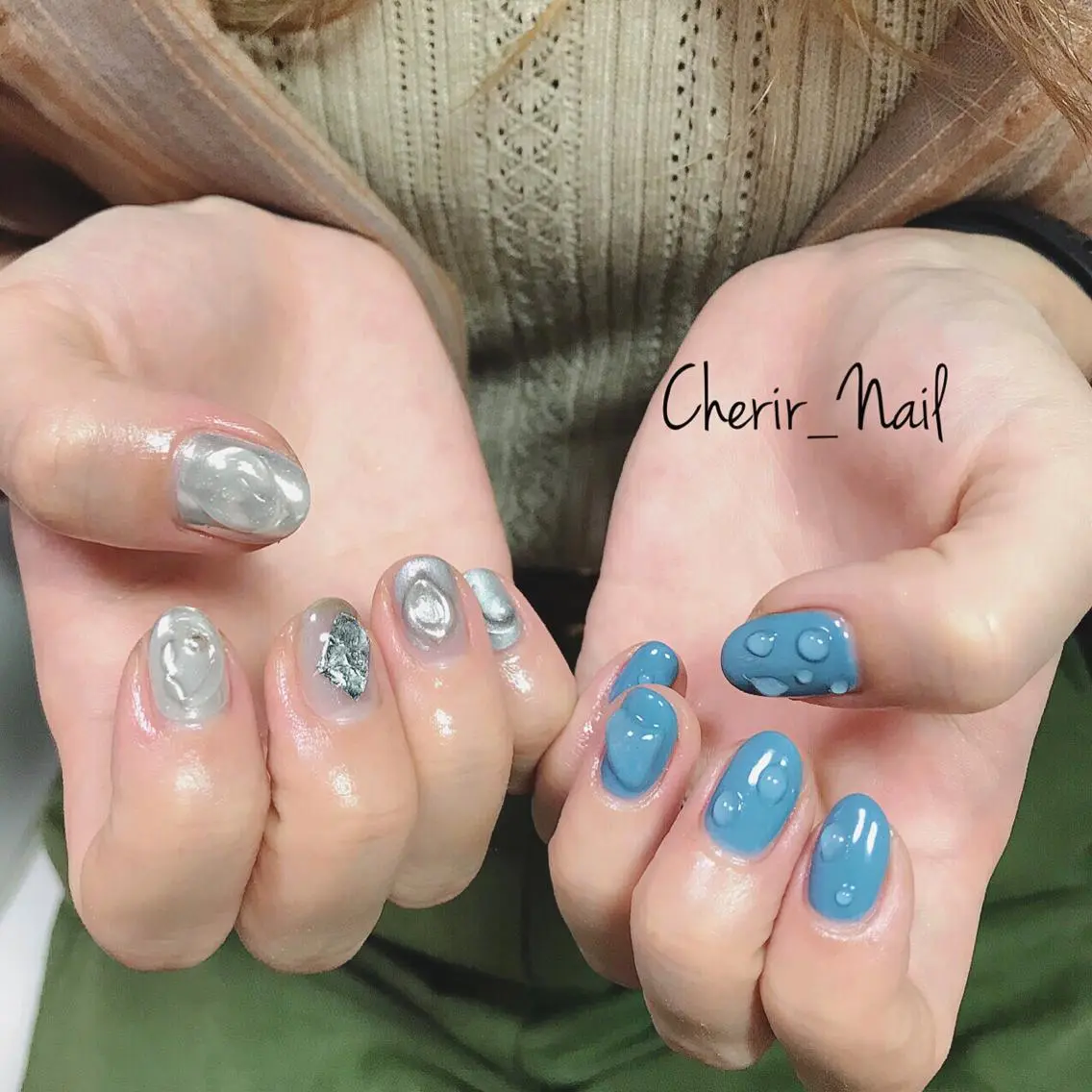 ネイル アートネイル ブルー クリアネイル ミラーネイル ニュアンスネイル Cherirnail kaoriのネイルデザイン