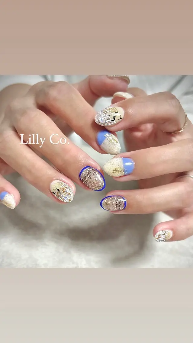 ネイル ブルー ツイードネイル ハンドネイル ハンドケア Lilly Co.のネイルデザイン