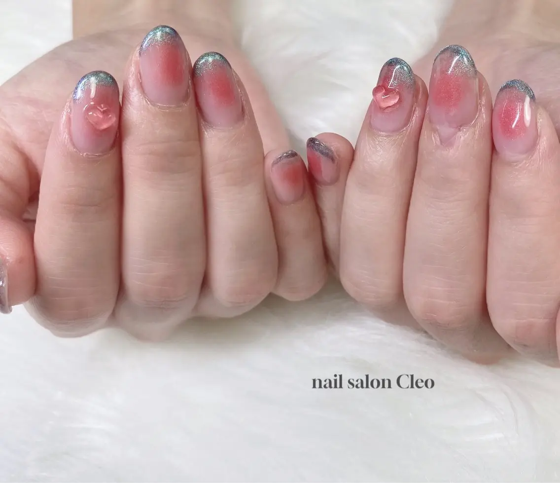 ネイル チークネイル クリアネイル ハート ピンク Cleo クレオのネイルデザイン