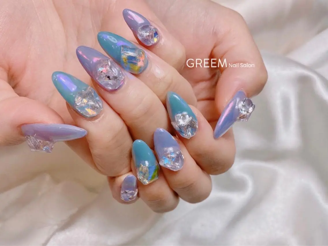 ネイル オーロラネイル 氷ネイル・うるうるネイル キラキラネイル GREEM グリームのネイルデザイン