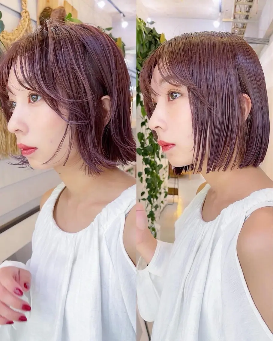 ミディアム カラー ブリーチ ダブルカラー ブリーチなしカラー ボブ カット ヘアカラー トリートメント AiM 大名　似合わせカットのヘアスタイル