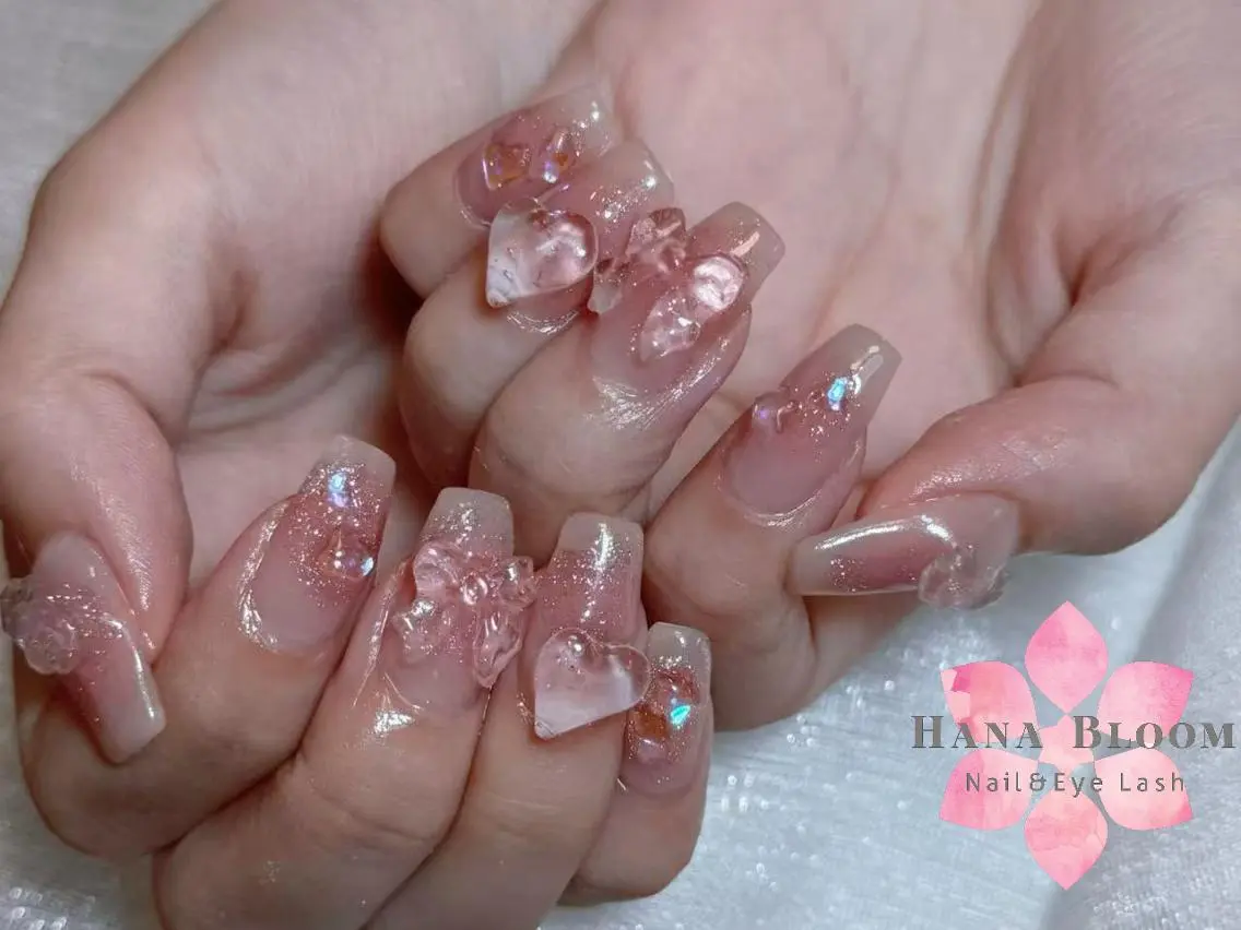 ネイル クリアネイル 長さ出し キラキラネイル 韓国ネイル ロングネイル ハンドネイル ハンドケア Hana Bloom Nail 渋谷道玄坂のネイルデザイン