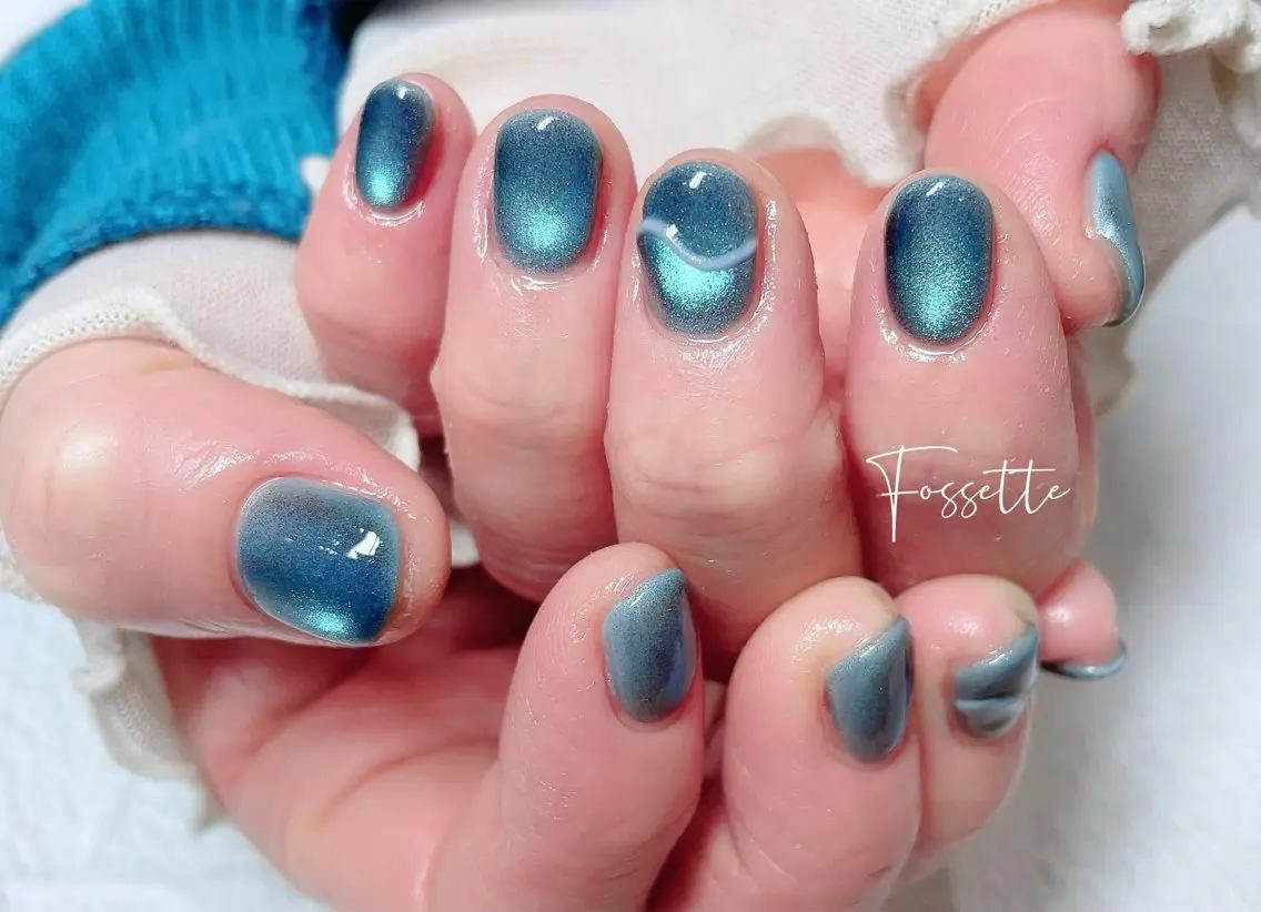ネイル アートネイル ブルー ジェルネイル マグネットネイル ショートネイル ハンドネイル nailsalon Fossetteのネイルデザイン